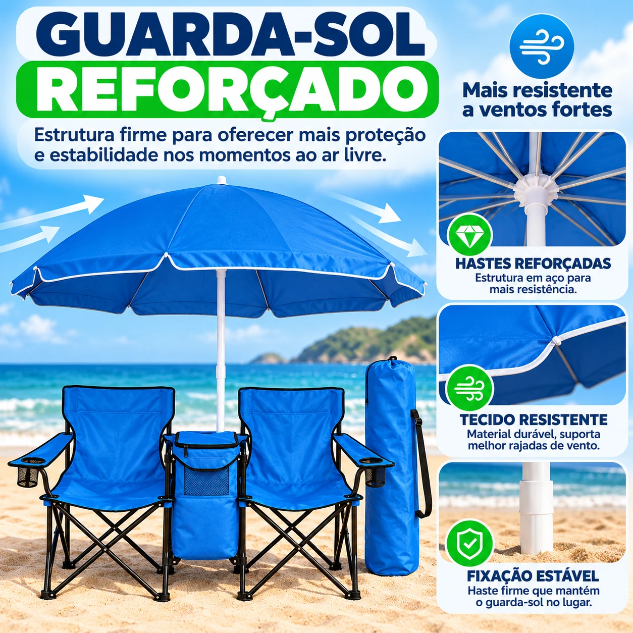 Detalhes do guarda-sol reforçado.